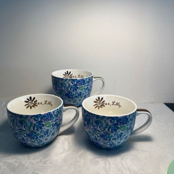Lilly Pulitzer Set of 3 Lion Around Blue Print Coffee Mugs - Picture 1 of 4